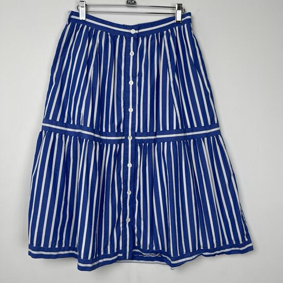 MISSING BELT - J. CREW Womens Size 4 Button Front Striped Midi Skirt Blue Preppy - Picture 1 of 9